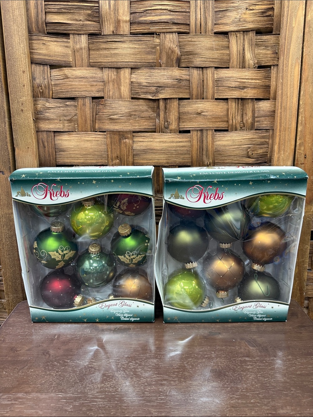 Vintage Krebs Green and Gold Holiday Glass Ornament Set